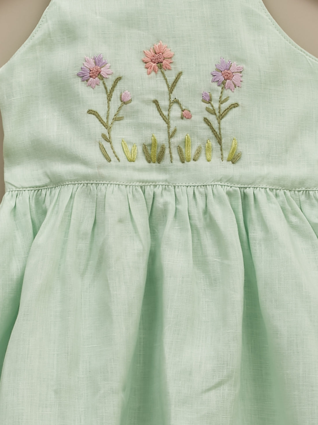 Girls Green Linen Hand-Embroidered Dress | Peace on Earth