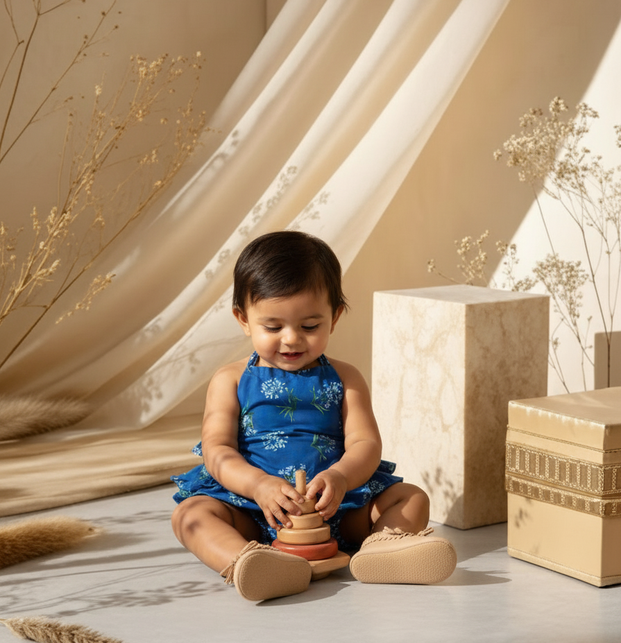 Liz Jacob cotton romper in ink blue for babies, lightweight and breathable