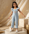 Liz Jacob blue linen jumpsuit with hand-embroidery for little girls who love comfortable clothing