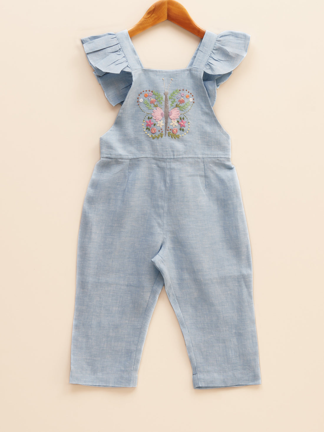 Liz Jacob blue linen jumpsuit with hand-embroidery for little girls who love comfortable clothing